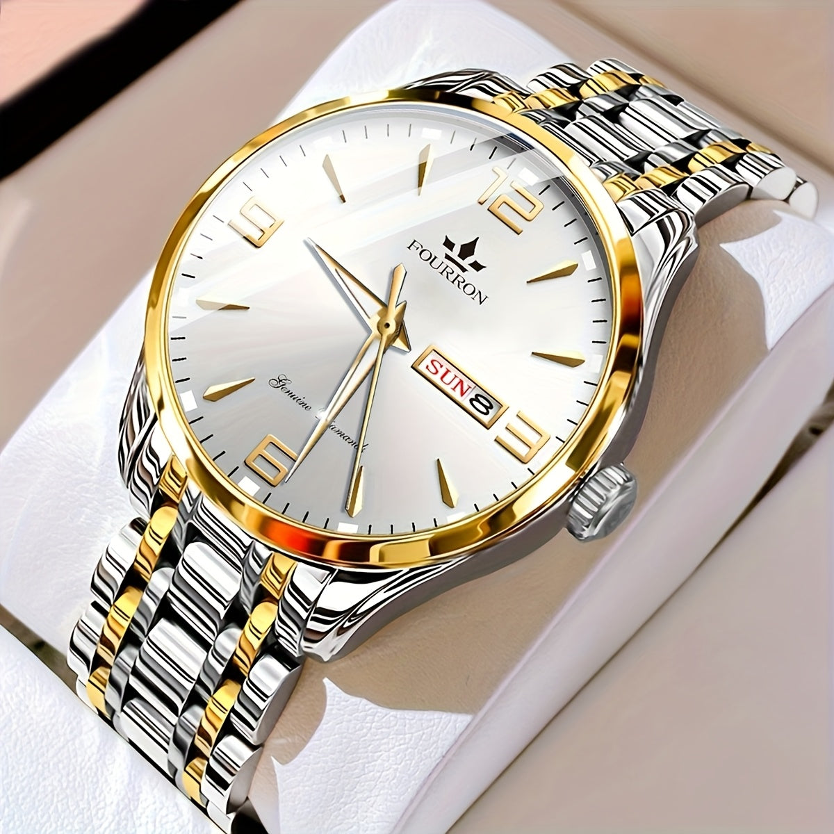 1pc New FOURRON Men's Stainless Steel Strap Quartz Watch - Large HD Scratch Resistant and Wear-Resistant Dial, IPX7 Waterproof, Luminous, Date & Calendar Function, Silent Movement, Stylish Gift for Him