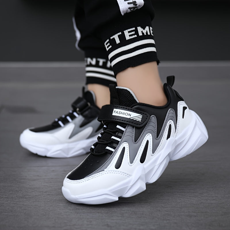 Boys' Athletic Sneakers with Hook-and-loop Fastener Strap - Casual Outdoor Sports Shoes, PU Upper, EVA Sole, Striped/Diamond Pattern, All-Season Wear, Boy Shoes
