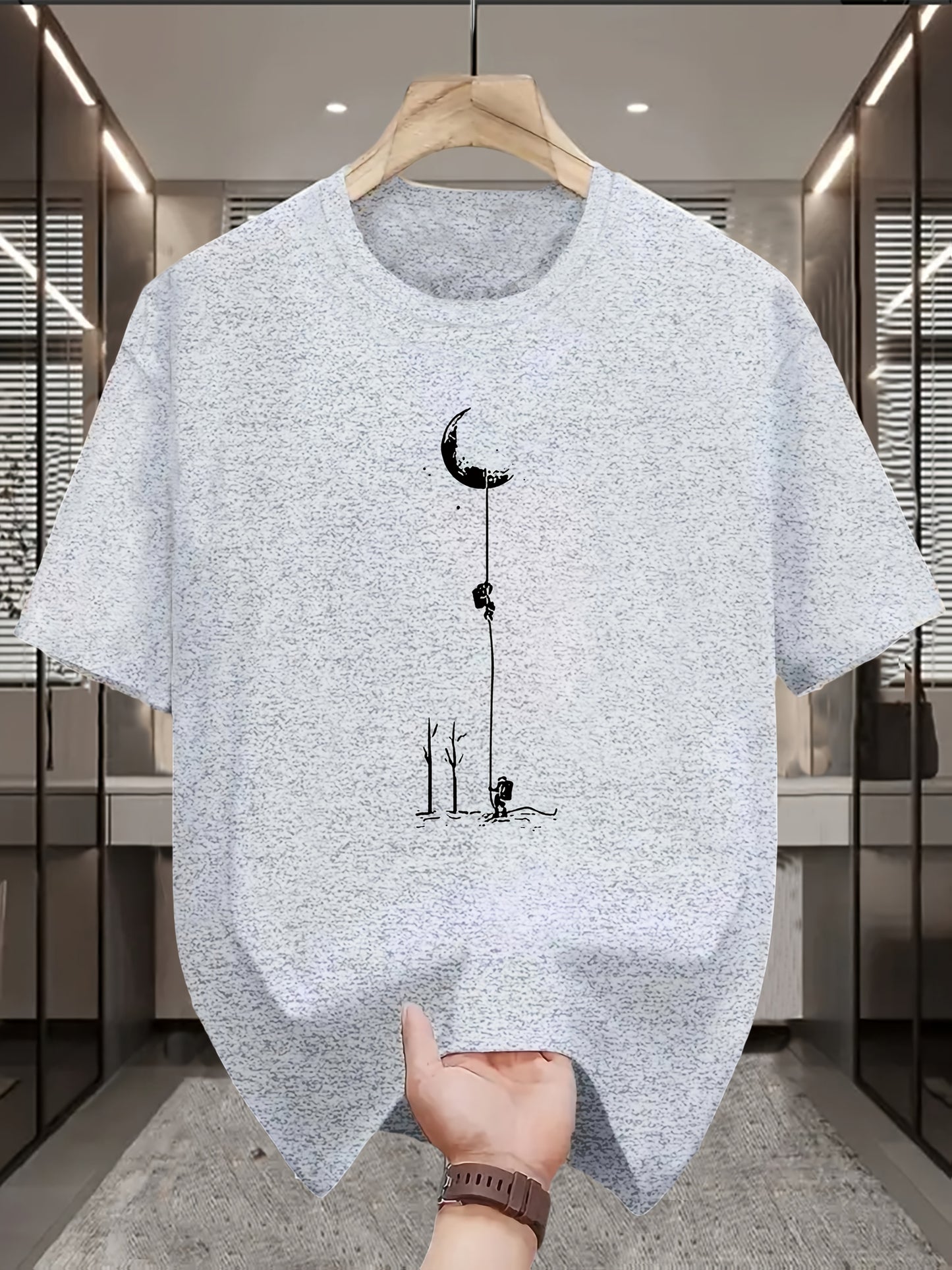 Men's Casual Graphic T-Shirt - Soft Polyester Blend, Crew Neck, Short Sleeve, Summer Style with Unique Moon and Figures Print, Lightweight and Comfortable for Casual Attire, Everyday Tshirt | Artistic Design Shirt | Lightweig