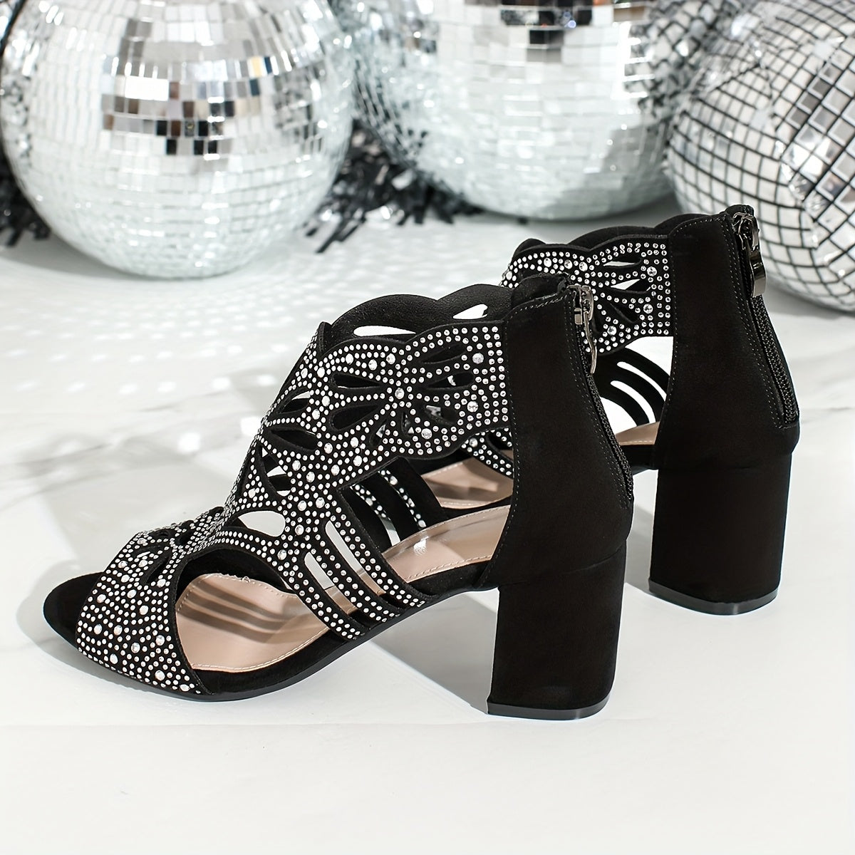 Elegant Black Floral Cut-Out High Heel Sandals for Women - Round Toe Block Heel with Zipper Closure, Ankle Strap, and Rhinestone Embellishments, Perfect for Parties and Formal Events, Formal Footwear | Floral Embellished Shoe