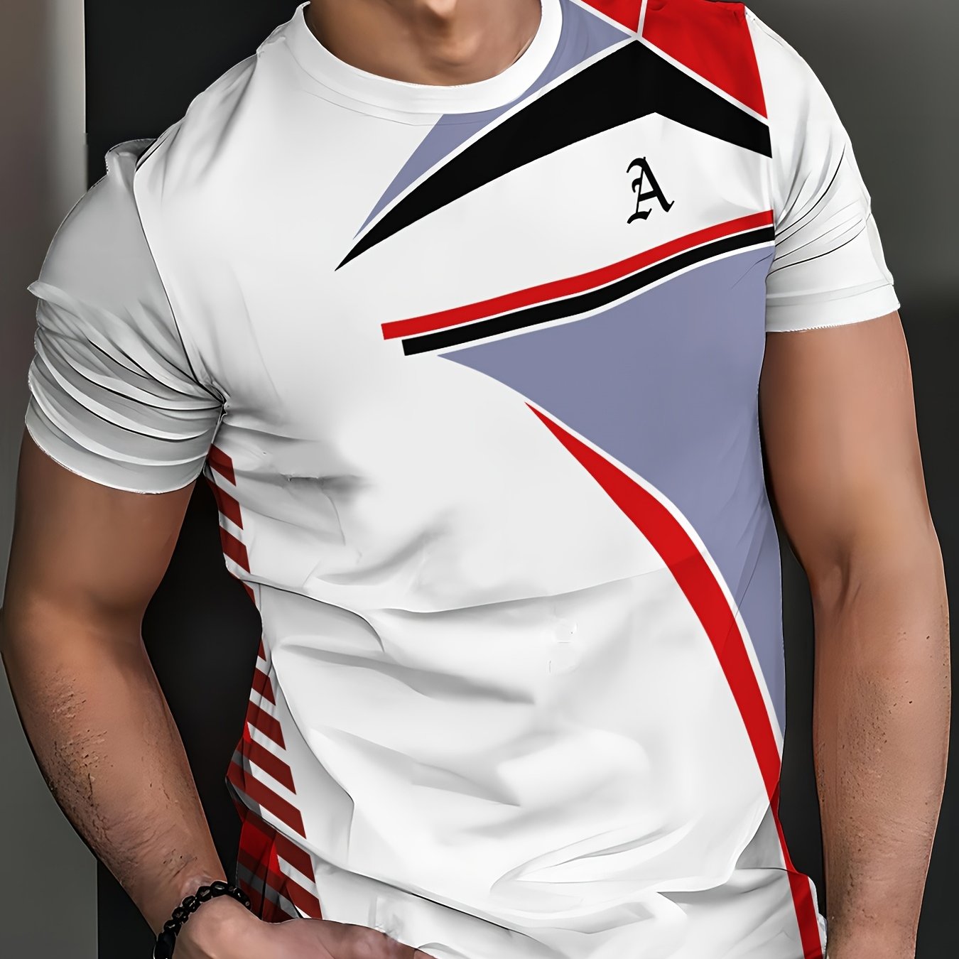 Men's Black 3D Geometric Print T-Shirt – Casual Short Sleeve Summer Tee with Red & Gray Accents, Round Neck, Machine Washable for Outdoor Sports, Everyday Comfort, Durable Fabric