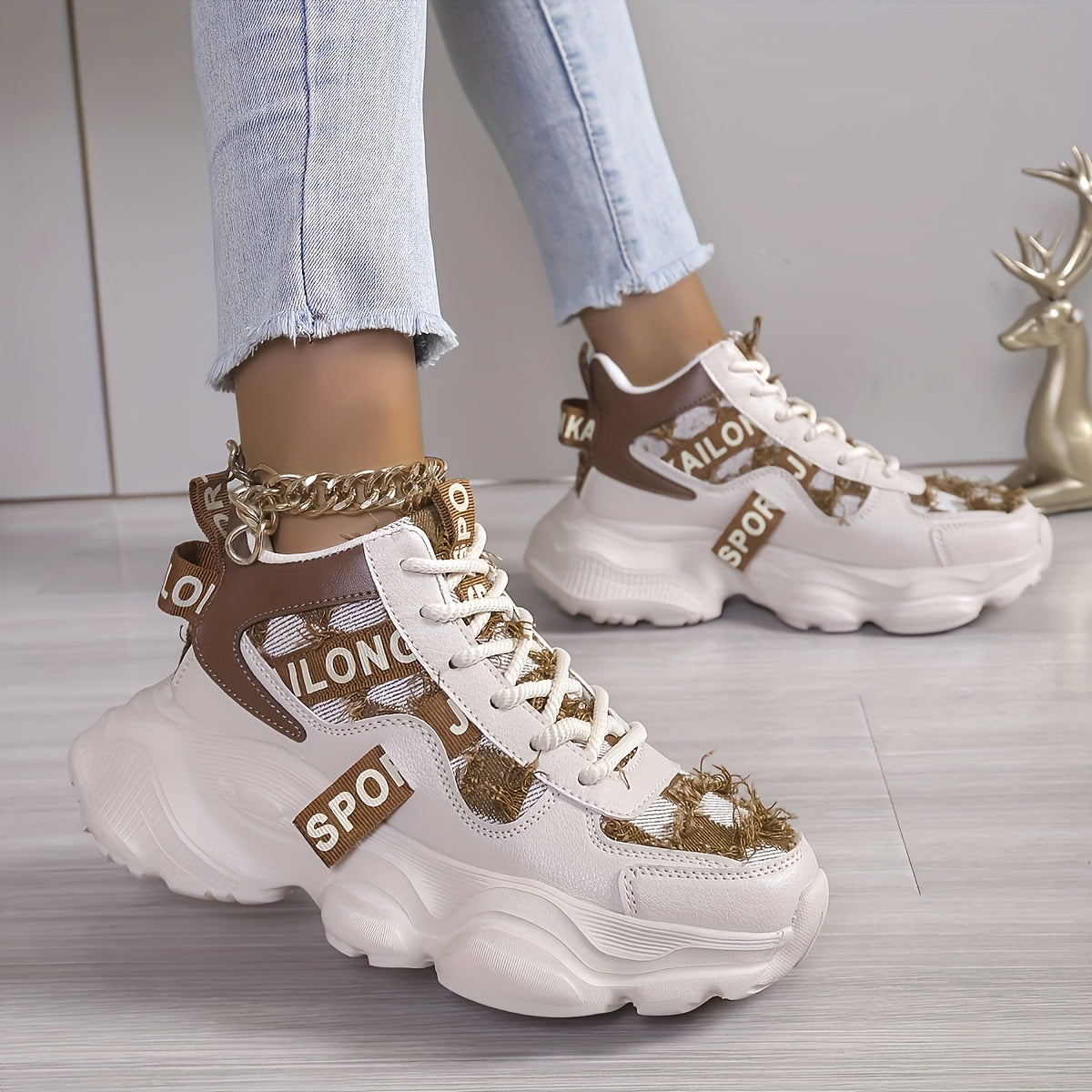 Women'S High-Top Fashion Sneakers with Plaid Pattern, Lightweight EVA Sole, Lace-Up Closure, Fabric Insole, and Tassel Embellishment - All-Season Sports Shoes with Random Printing Design, Ladies Sneakers