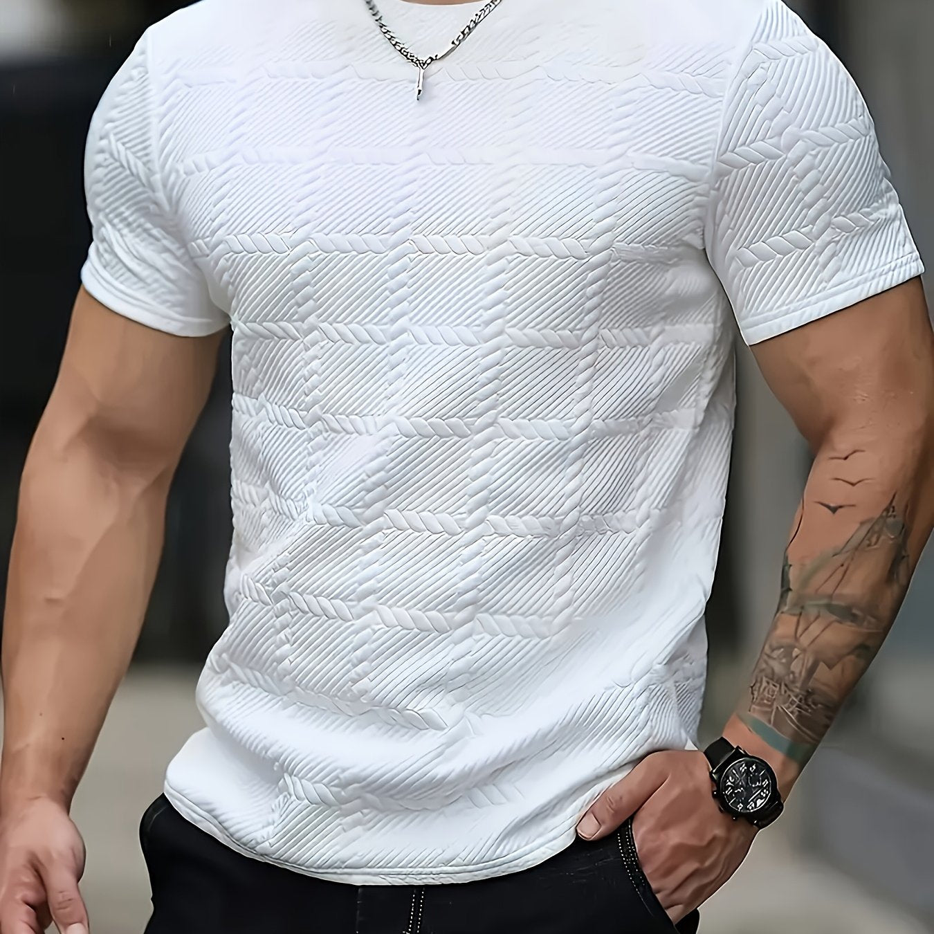 Men'S Casual Jacquard Knit Short-Sleeve T-Shirt - Featuring a Stylish Geometric Pattern, Round Neck, Comfortable for All Seasons, Perfect for Casual Wear.