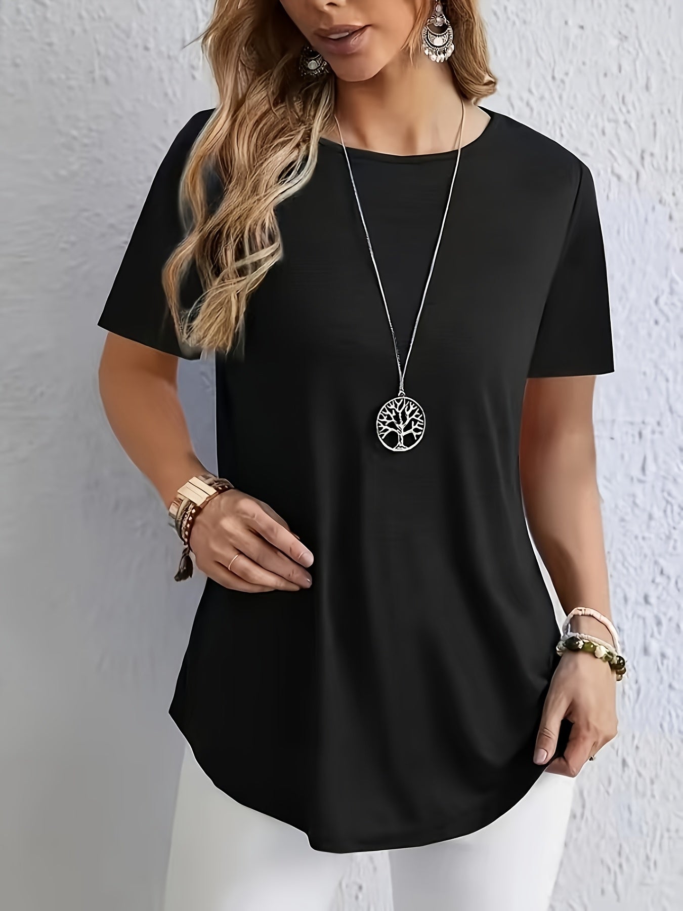 Women's Elegant Solid Color Short Sleeve T-Shirt with Back Button Detail - Loose Fit Casual Spring/Summer Top, Machine Washable, Polyester Blend, Maroon, Spring Fashion Wear | Solid Color Blouse | Glossy Fabric, Ladies T Shir