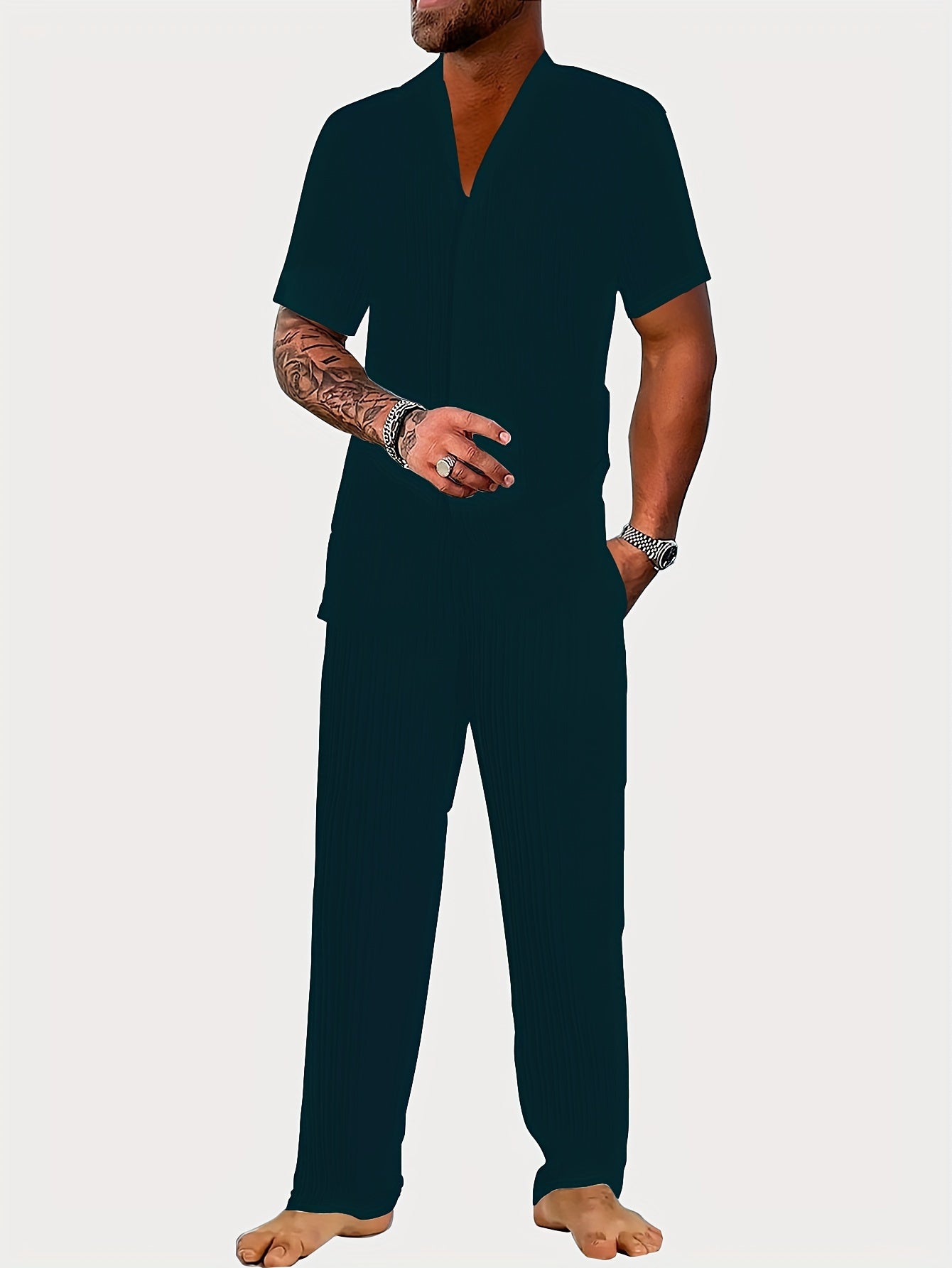 New Men's Short-Sleeved Cardigan Turnover Collar Shirt and Trousers Home Leisure Outerwear Set Men's Fashion Striped Style