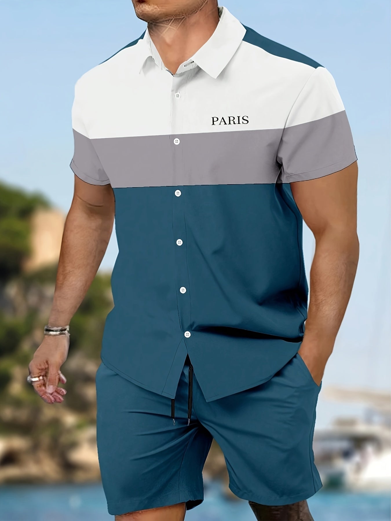 Men'S Letter Color Block Short Sleeve Shirt Shorts Casual Suit 2pcs Set