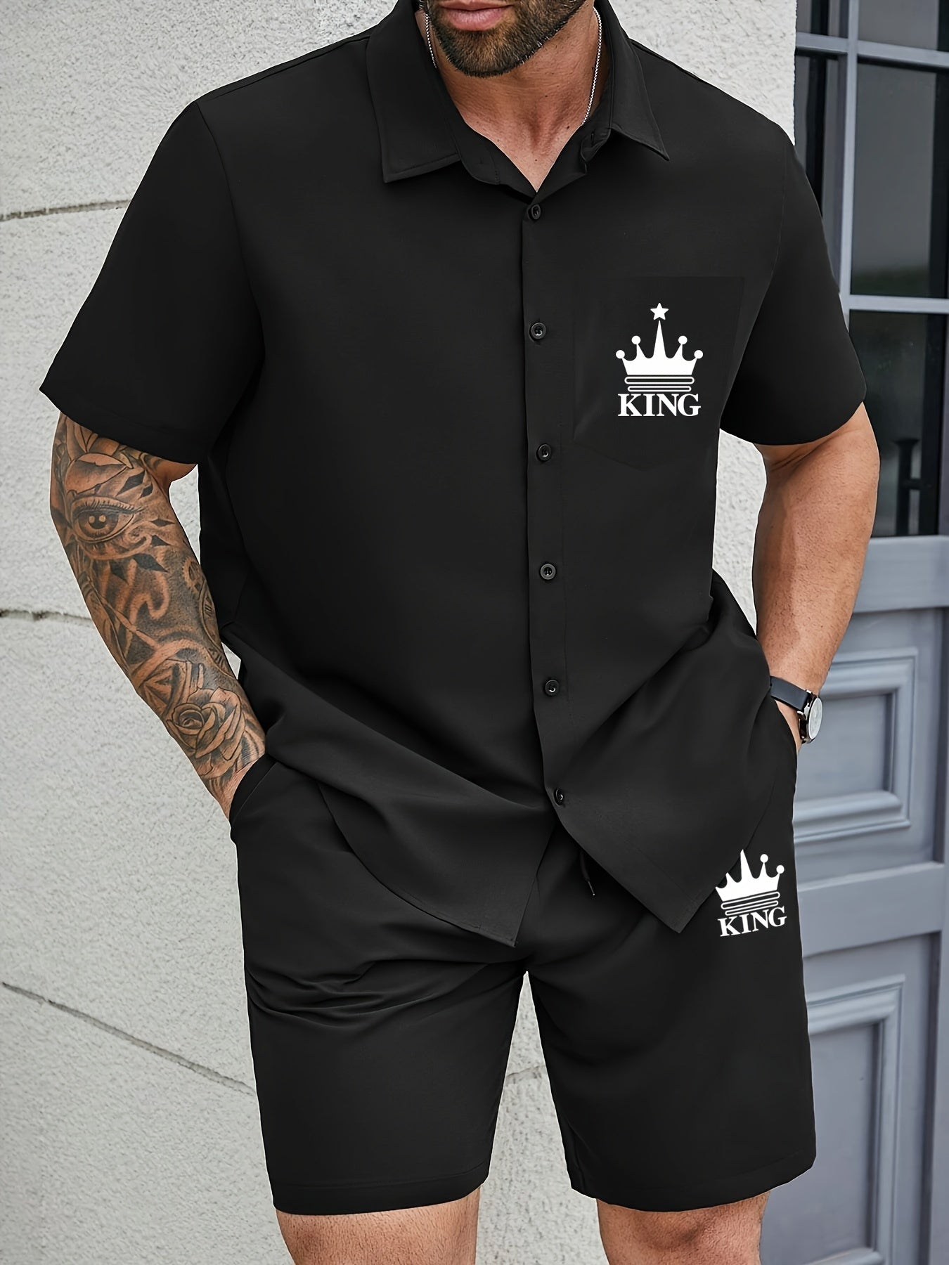 Men's Casual Short Sleeve Collar Shorts Printed Fashion Suit