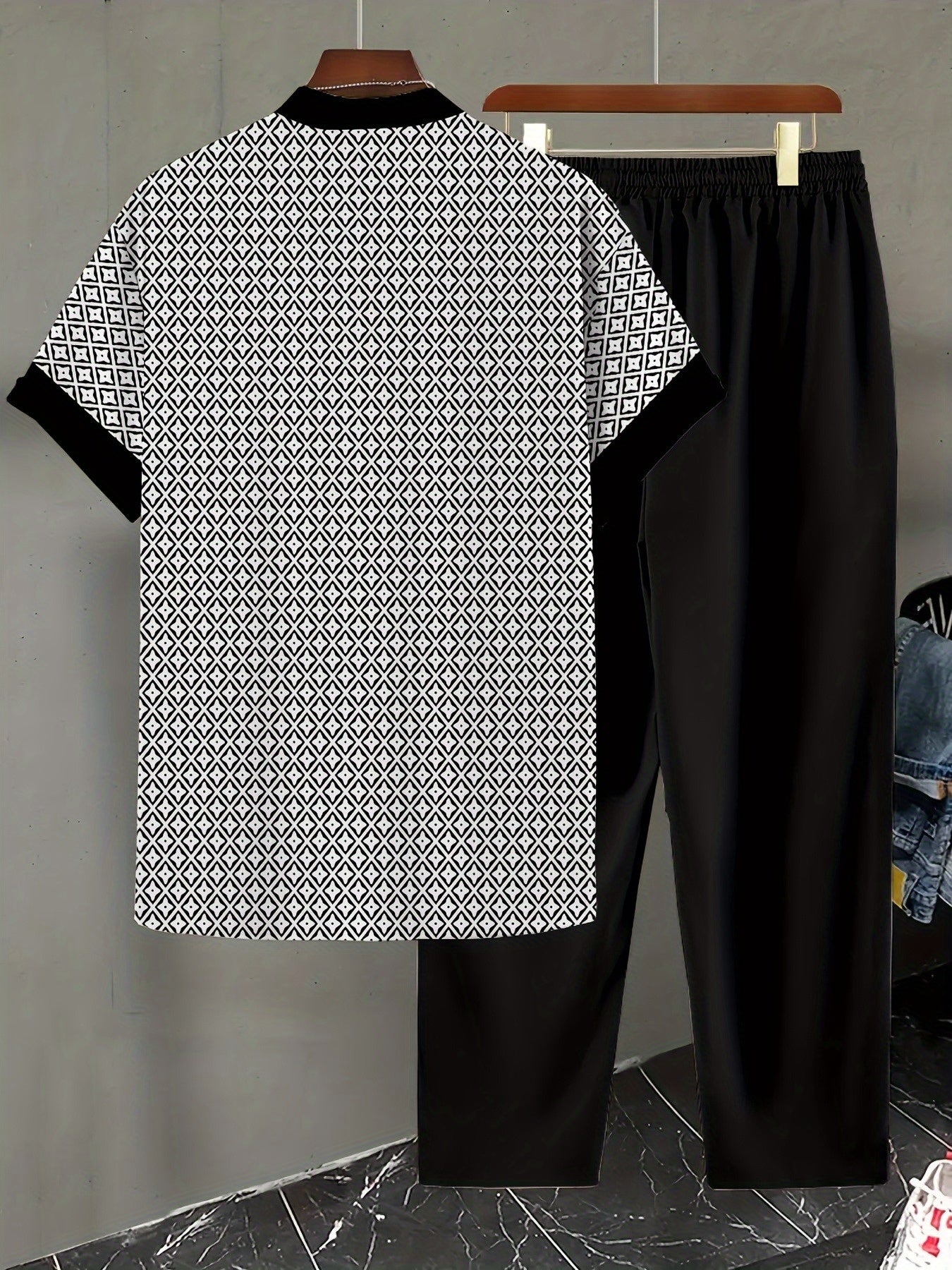 2pcs printed Men's summer short-sleeved button-up shirt and trousers suit