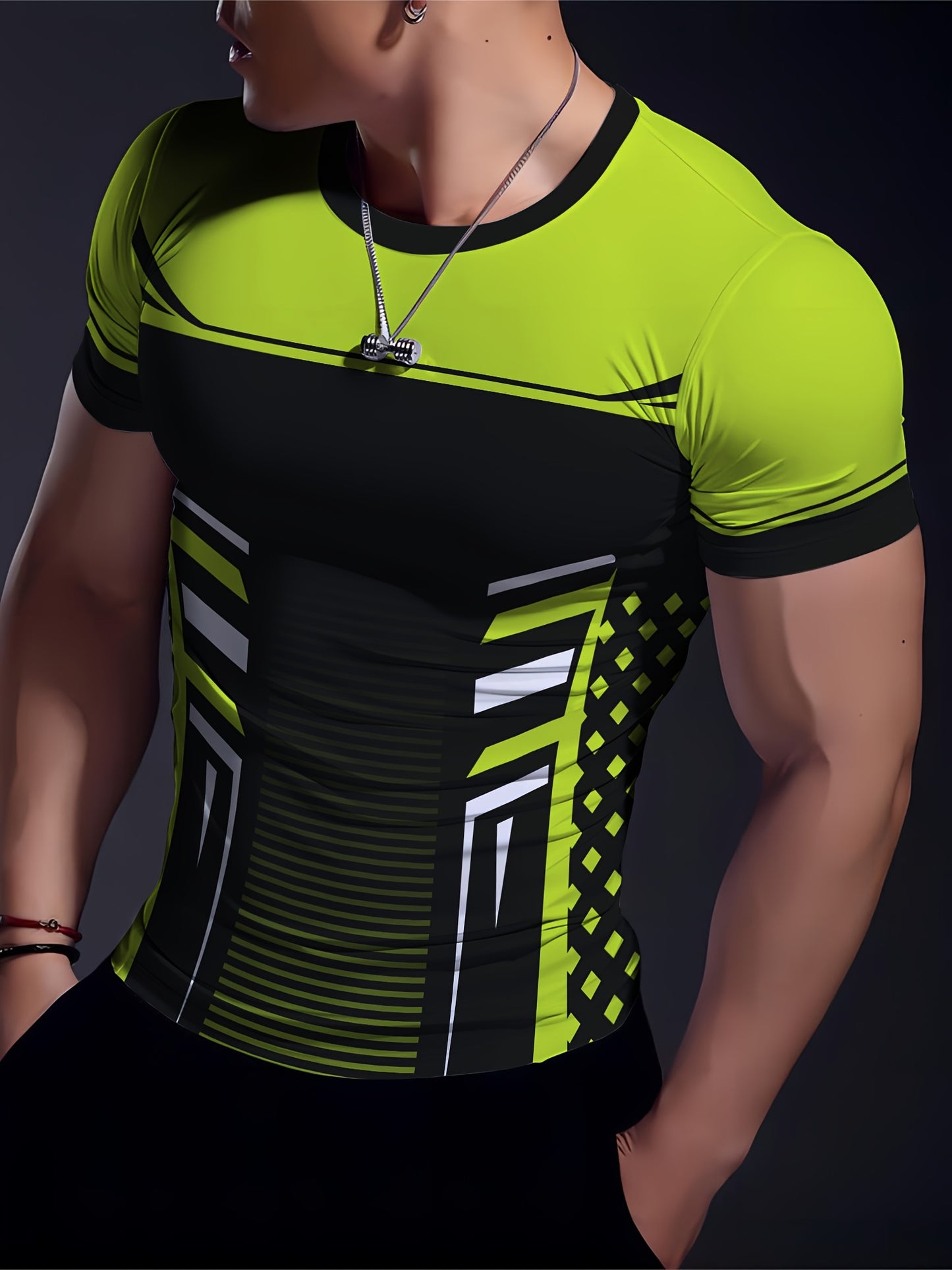 Geometric print high stretch skinny fit short sleeve crew neck T-shirt, quick-drying sports top for summer fitness, training and gym wear