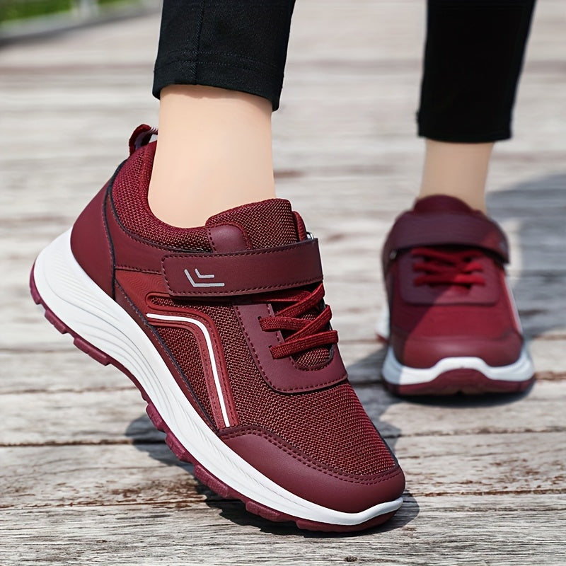 Women's Breathable Mesh Sneakers - Maroon Low-Top Casual Sneakers with Adjustable Hook-and-loop Fastener Strap & Laces, Comfortable Fabric Insole, All-Season Round Toe Design, Breathable Footwear | Stylish Mesh Sneakers | Adj