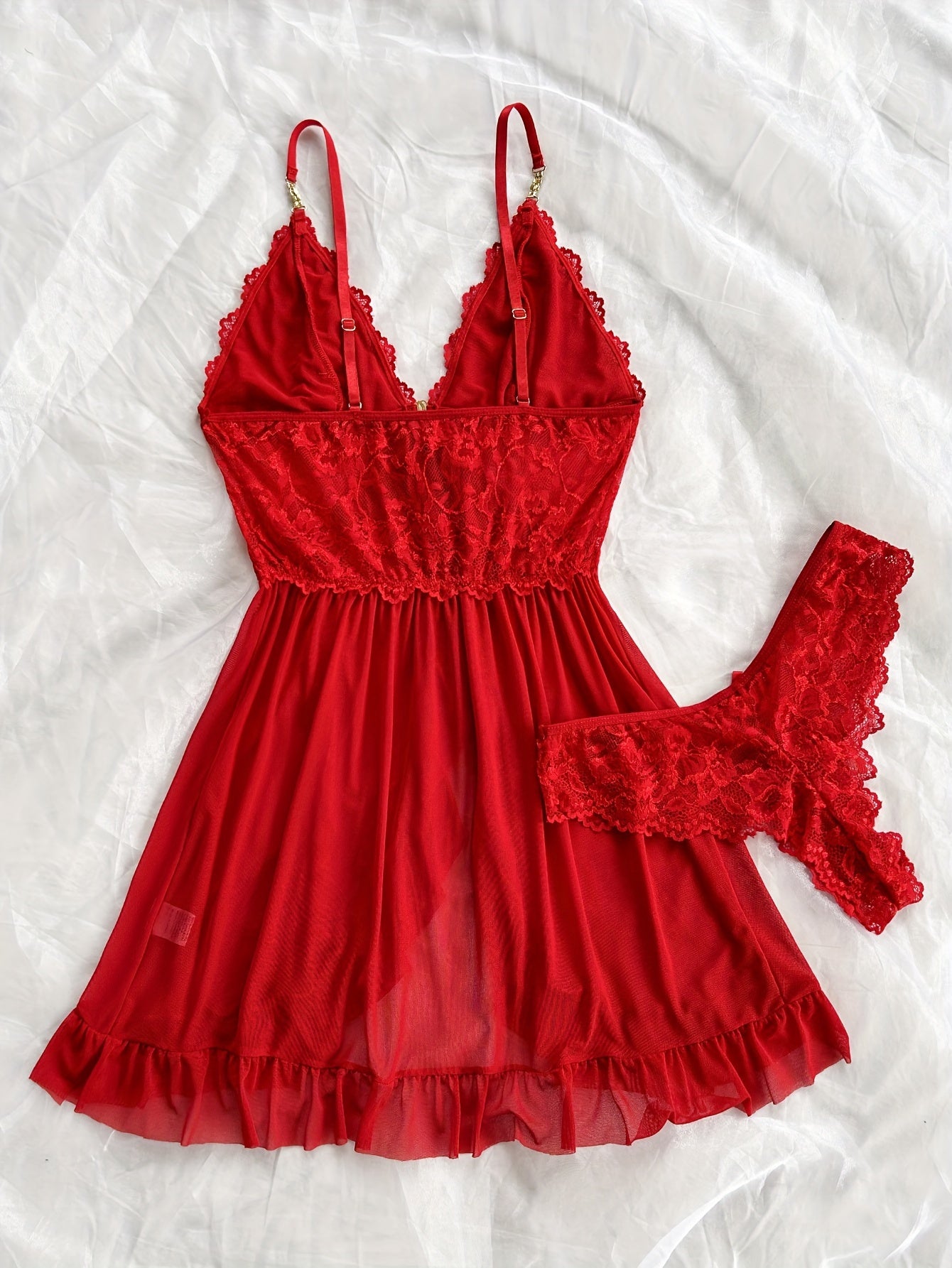 Sexy and Romantic Sleepwear Set, Solid Color Lace Camisole with Matching Panties, V-Neck Design Accentuating Elegant Neckline, Delicate Lace Pattern for Softness. Flared Hem and Ruffled Front Add Graceful Charm, Perfect for a