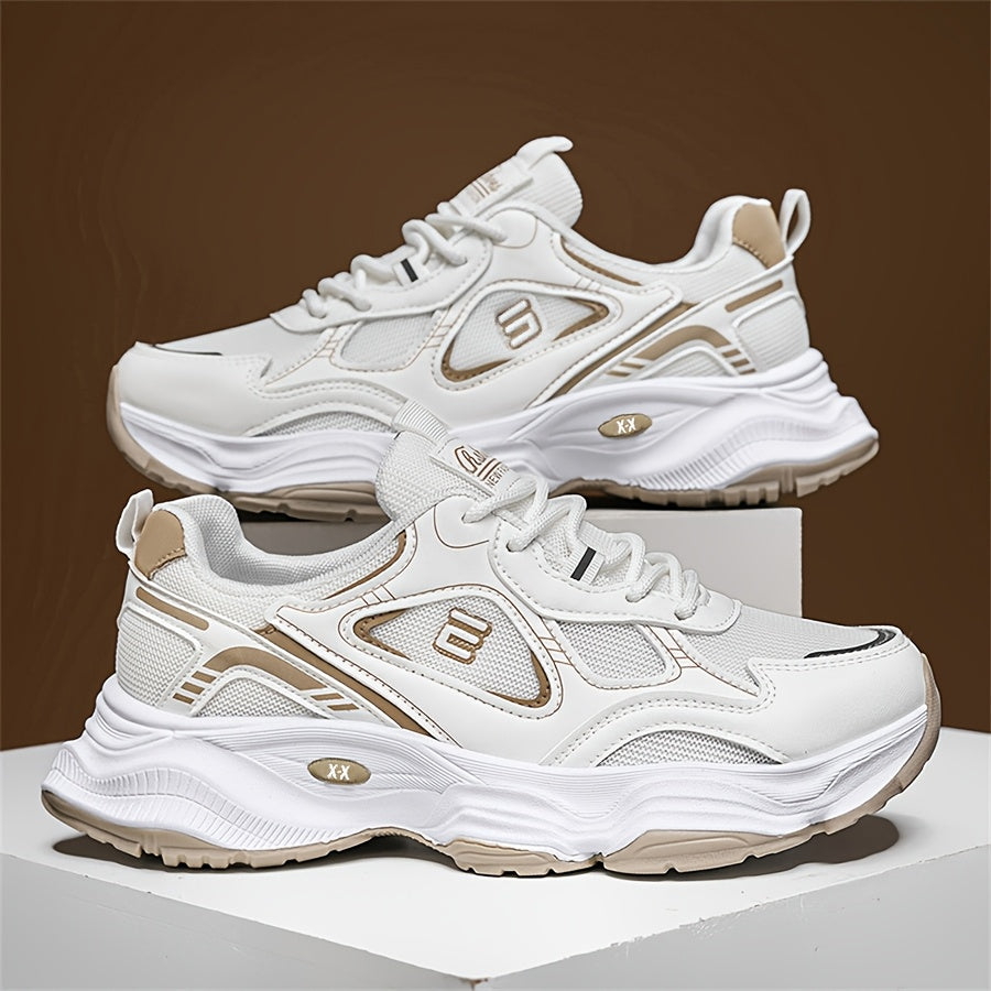 Men'S 2025 New Fashionable Low-Top Sneakers with Thick Sole - Non-Slip, Outdoor Casual Shoes for Teenagers and Young Adults, White and Golden Accents, All-Season Comfort, Casual Footwear | Modern Sneaker Design | Rubber Base