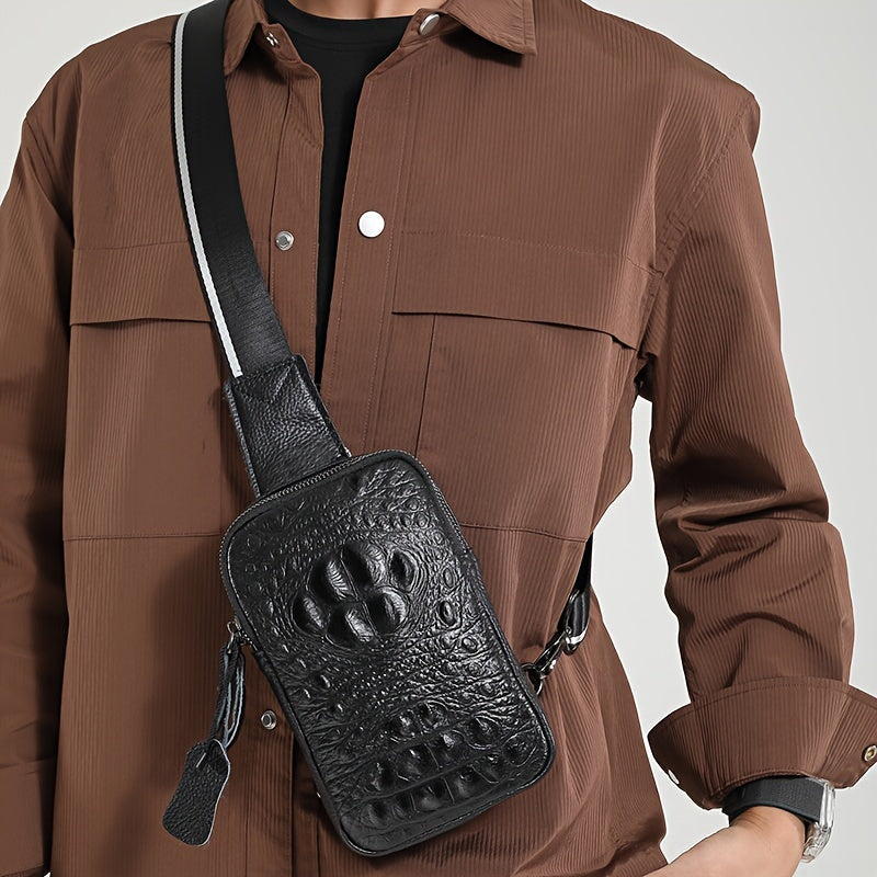 Men's Genuine Leather Crossbody Bag with Crocodile Pattern - Stylish Black Chest Bag for Casual Outings, Paw Print Design, Adjustable Strap, Perfect for Commuting or Travel, Small Crossbody Bag