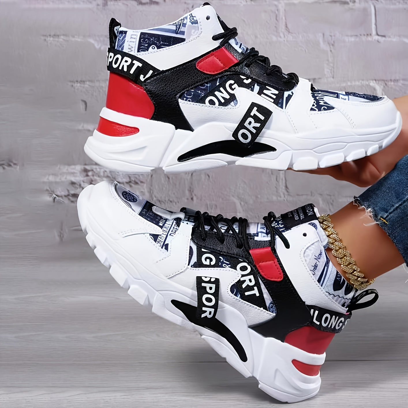 Women'S Comfortable Geometric Patterned Sports Shoes - Lightweight, All-Season, Mid Top, Lace Up, Plain Toe, Polyurethane Upper, Fabric Inner and Insole, MD Sole, Random Printing