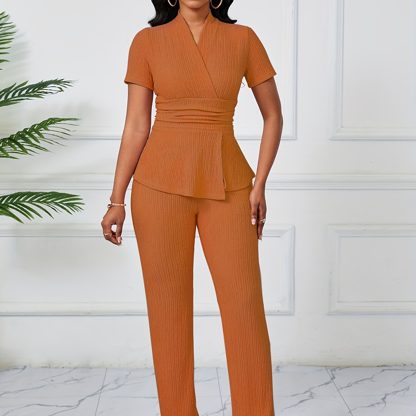 Women'S Elegant Casual Solid Color Textured Jumpsuit - Stylish Short Sleeve Top & Wide-Leg Pants, Perfect for All Seasons, Casual Attire|Textured Jumpsuit|Casual Style