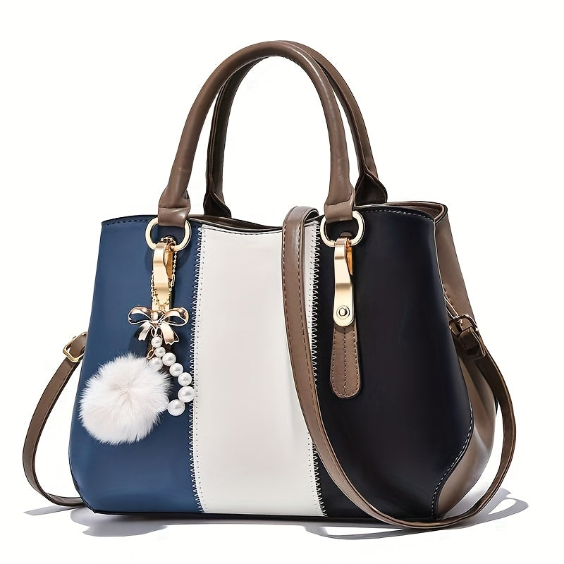 Stylish Women'S Shoulder Bag with Detachable Strap - Large Capacity, Geometric Pattern, White, Blue, and Brown, Perfect for Work, Parties, and Everyday Use, Party Accessory | Geometric Pattern Bag | Durable Zipper Closure, Pu