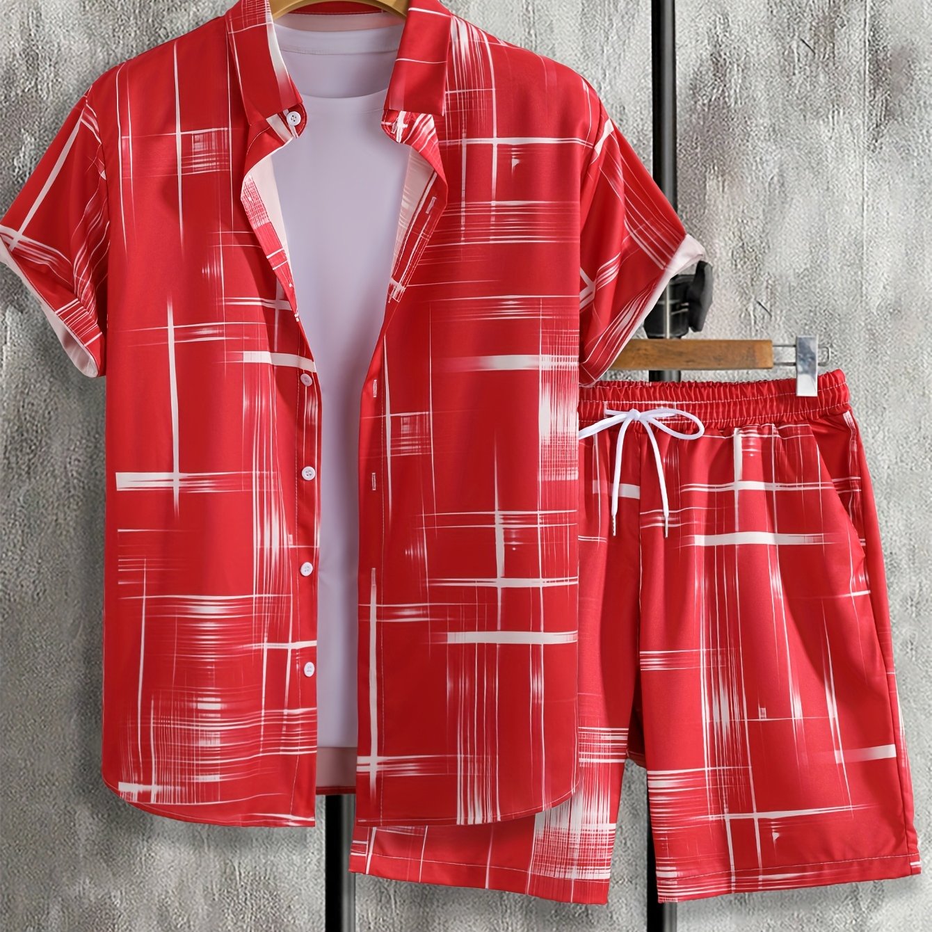 Men'S Stylish Gradient Shirt Set - Brown & White Geometric Pattern, Short Sleeve with Pocket, Loose Fit Shorts, Perfect for Beach, Camping, Fishing & Outdoor Activities, Casual Attire|Geometric Pattern Shirt|Woven Fabri