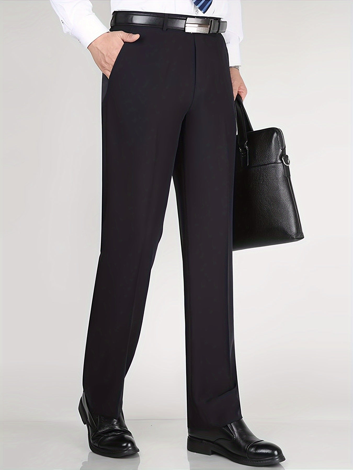 Men's Classic Straight Fit Pants - Lightweight Polyester Blend, High Waist, Button Closure, Suitable for Year-Round Wear