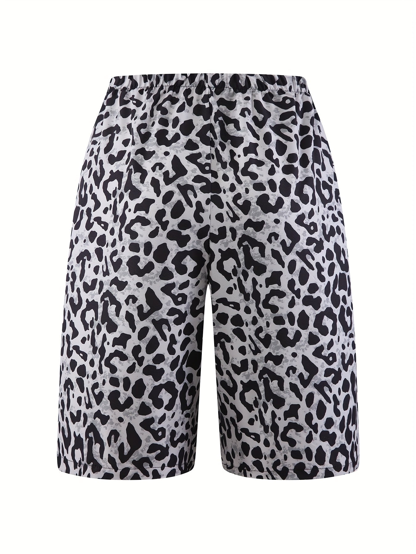 Women's Plus Size Leopard Print Wide-Leg Beach Shorts - Casual Vacation Style, High-Rise with Faux Drawstring, Lightweight Polyester, Black & Gray Animal Pattern, Perfect for Summer Outings, Beachwear Shorts | Tropical Vacati