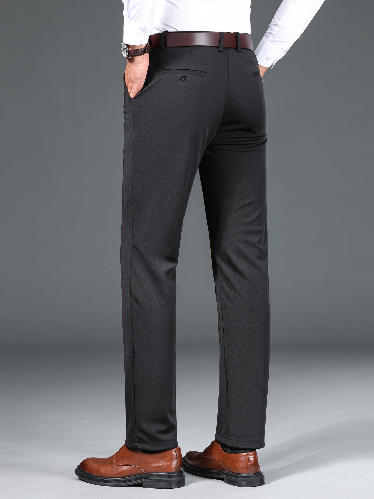1pc Men'S Warmth Business Casual Pants, Fall/Winter Fleece-Lined Thickened Straight-Leg Trousers with Slant Pockets, Solid Color Knit Fabric Regular Fit Dress Pants with Zipper Closure, Medium Stretch Polyester
