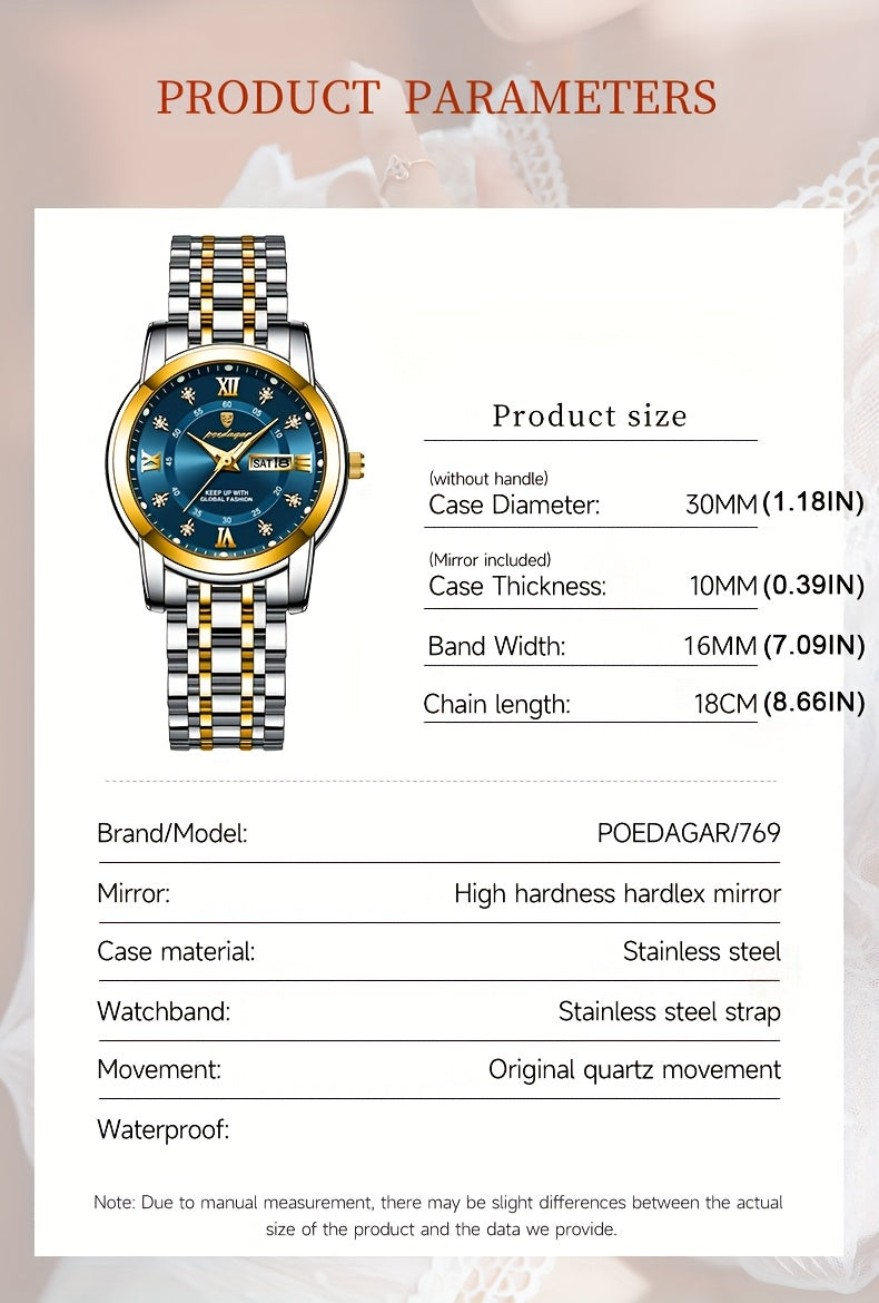 POEDAGAR Elegant Stainless Steel Quartz Watch for Women, Luminous Calendar, Round Alloy Case, Trendy Korean Style, Non-Rechargeable Battery, Watch Accessories
