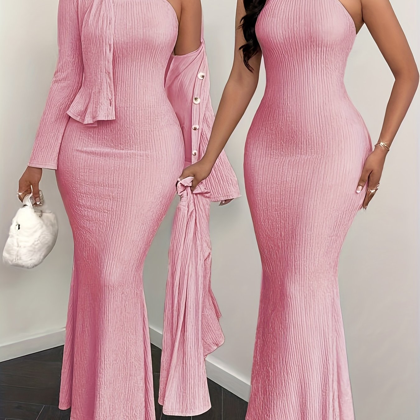 An elegant and stylish solid-color dress with a cardigan set, suitable for spring, summer, autumn, and winter seasons