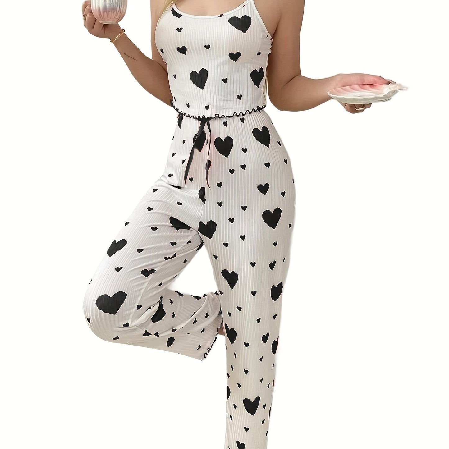 2024 Autumn Women'S Sexy Heart Print Spaghetti Strap Pajama Set - Sleeveless Striped Lounge Wear with Ribbed Detail, Perfect for Fall and Spring, Casual Attire|Heart Print Top|Strapless Desig