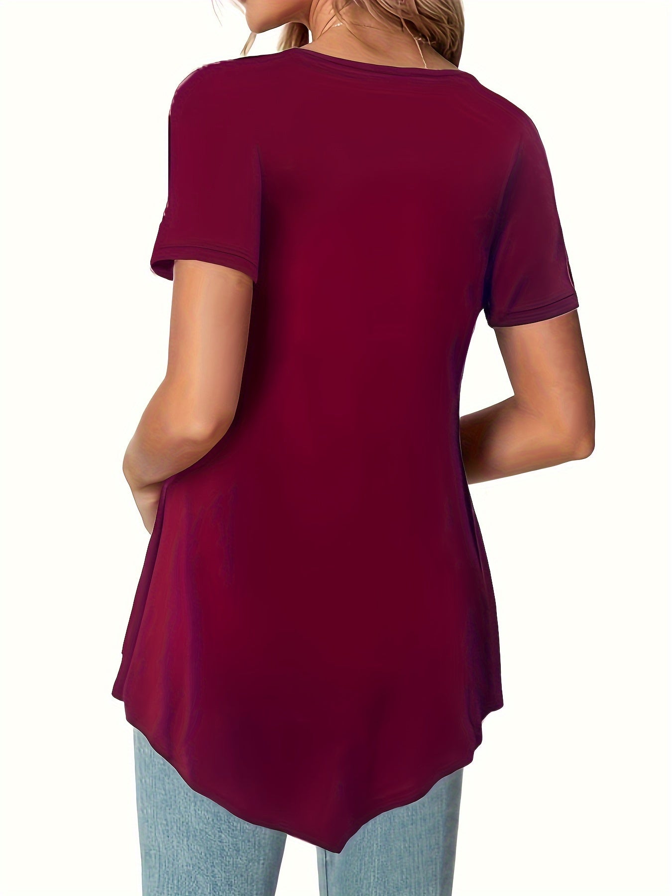 Asymmetrical Hem Crew Neck T-shirt, Short Sleeve Casual Top For Summer & Spring, Women's Clothing