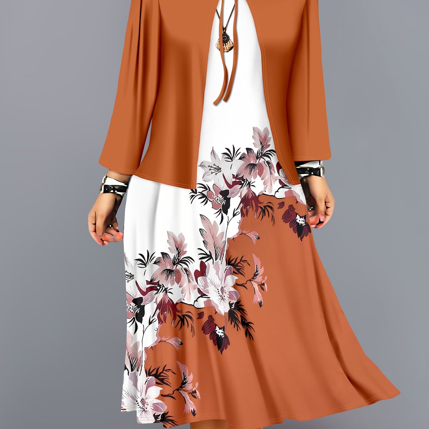 Fashion Women's solid color small cardigan and floral print patchwork dress two-piece set