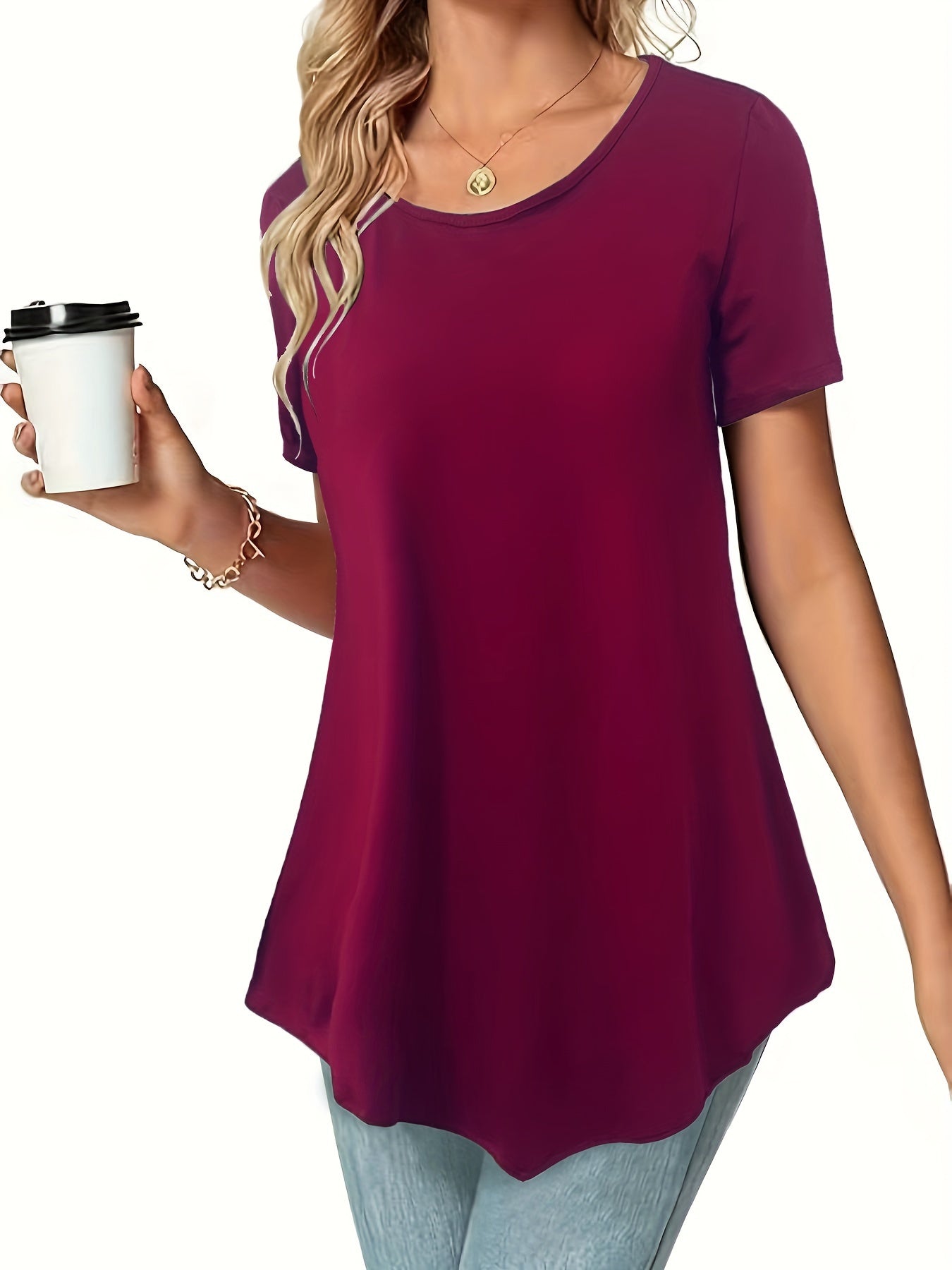 Asymmetrical Hem Crew Neck T-shirt, Short Sleeve Casual Top For Summer & Spring, Women's Clothing