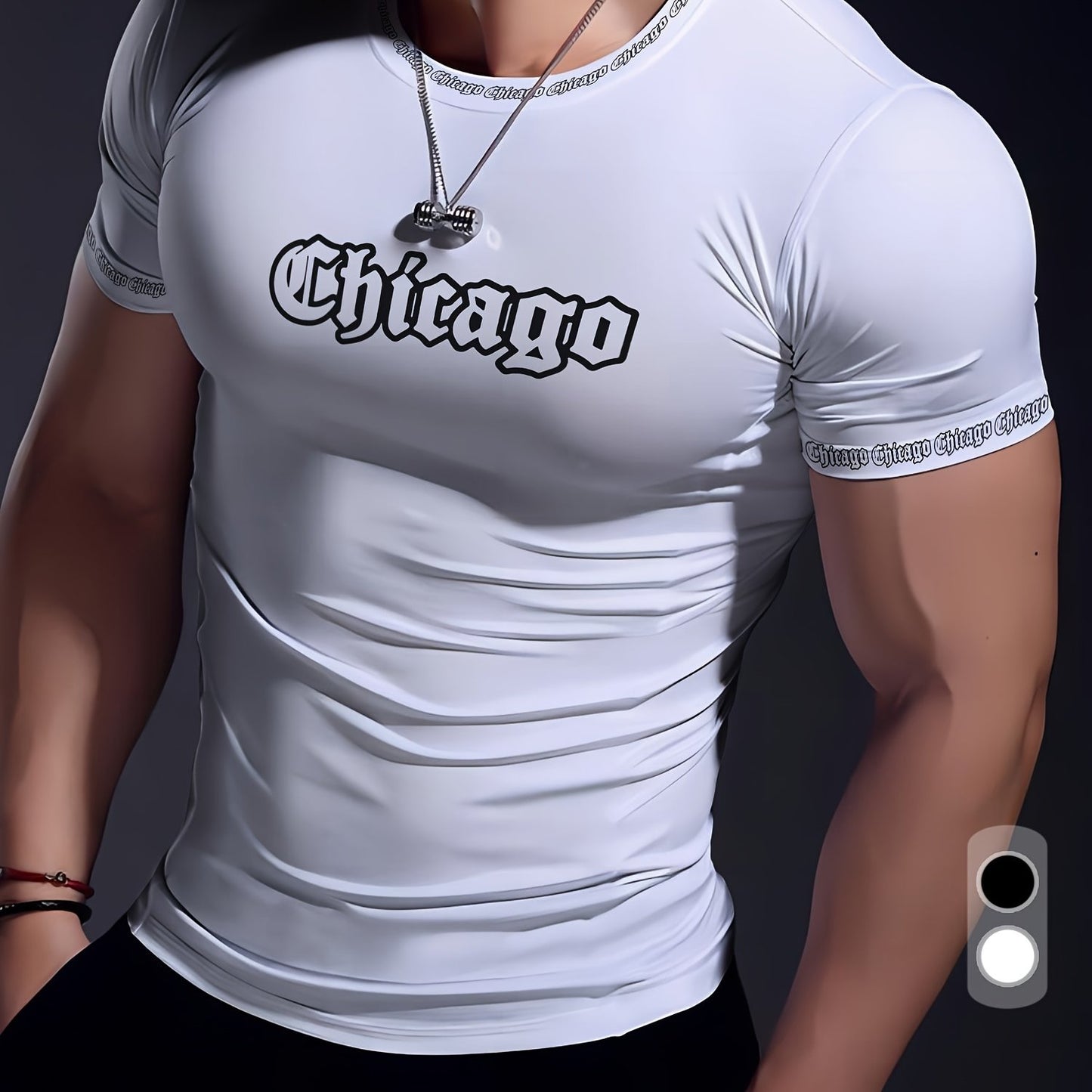Men'S Chicago Print T-Shirt, Polyester-Spandex Blend, Crew Neck, Short Sleeve, Geometric Pattern, High Stretch, Tear Resistant, Sports & Casual Style, Summer Fit Top for Training, Yoga, Hiking & Festive Occasions