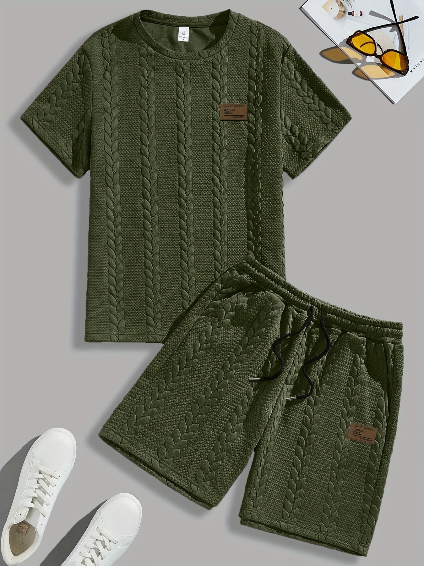 Casual Crew Neck Short Sleeve T-Shirt & Drawstring Shorts - Brown, Summer Outfit