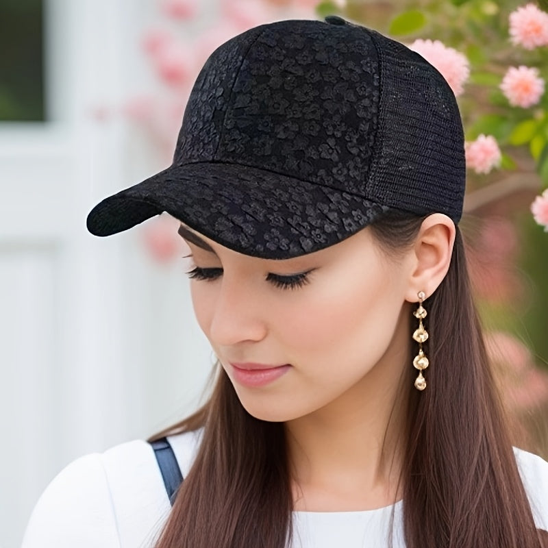 Elegant White Floral Women's Baseball Cap - Adjustable, Breathable Mesh Back, Stylish Duckbill Design for All Seasons, Perfect for Casual Outings and Beach Days, Outdoor Headwear, Adjustable Headgear
