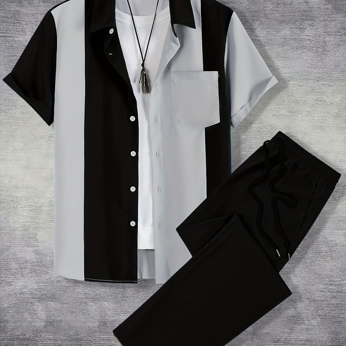 Men'S Casual Two-Piece Spring/Summer Color Block Short Sleeve Shirt and Pants Set - Polyester, Regular Fit, Button-Up with Pocket, No Belt, All-Season Wear, Casual Attire|Casual Style|Polyester Fabric
