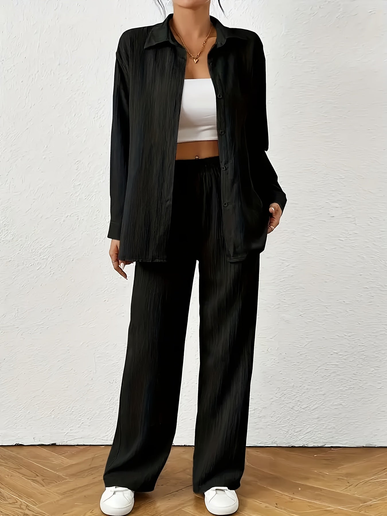 Women'S Casual Solid Color Long Sleeve Shirt + Long Pants 2pcs Set for Spring And Autumn.