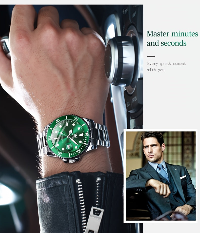 OLEVS Men'S Luxury Quartz Watch - Green Dial, Stainless Steel Band, Luminous Pointer Display, Quartz Movement, Electronic Drive, Zinc Alloy Case, Ideal for Business Casual Wea
