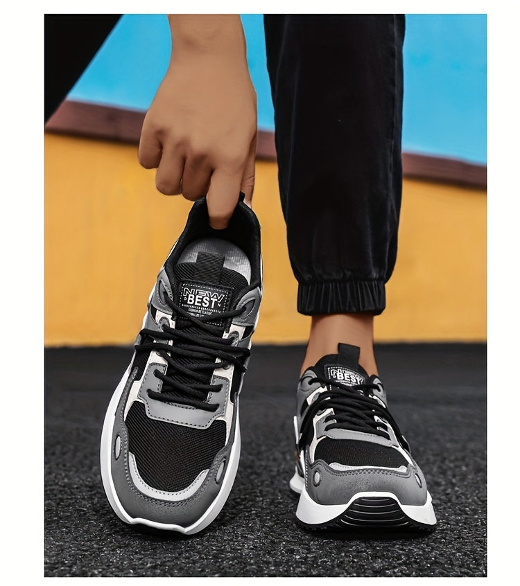Men's Plus Size Breathable Mesh Casual Sneakers - Low-Top Lace-Up Walking Shoes with Cushioned PVC Sole, All-Season Outdoor & Daily Wear in White/Navy/Red Accents, Outdoor Footwear | Modern Sneakers | Durable Fabric Shoes