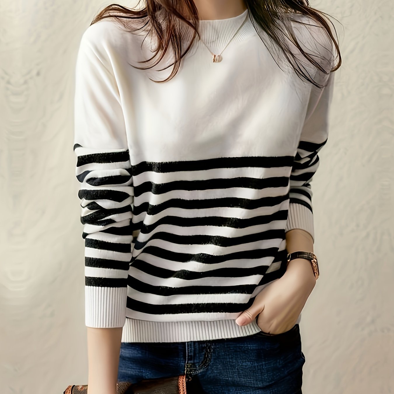 Striped Crew Neck Pullover Sweater, Casual Long Sleeve Versatile Sweater, Women's Clothing