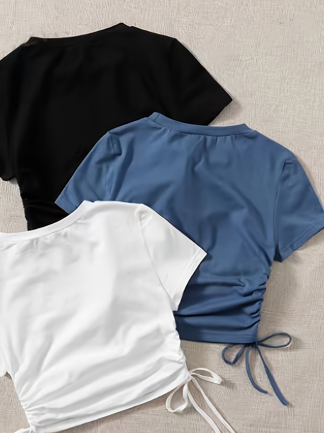 3 Pack Drawstring Crew Neck T-Shirt, Casual Short Sleeve T-Shirt For Spring & Summer, Women's Clothing