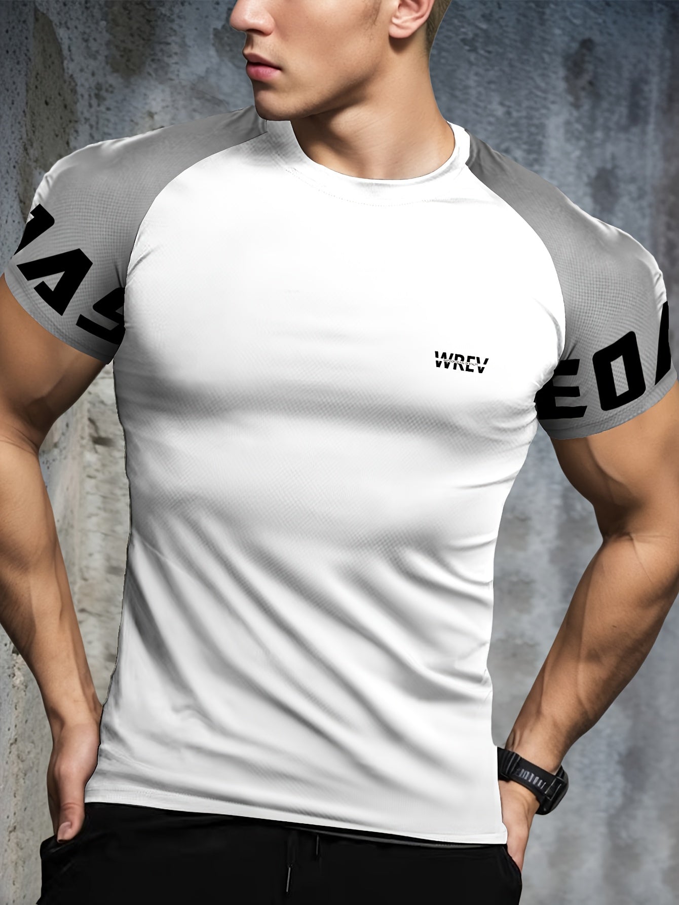 Men's Quick-Dry Breathable Mesh Sports T-Shirt - Summer Gym Workout Top with Contrast Black & White Sleeves & for Man Letter Print, Slim Fit for Running Training Casual Wear, Breathable Running Gear | Sporty Casual Tee | Mesh