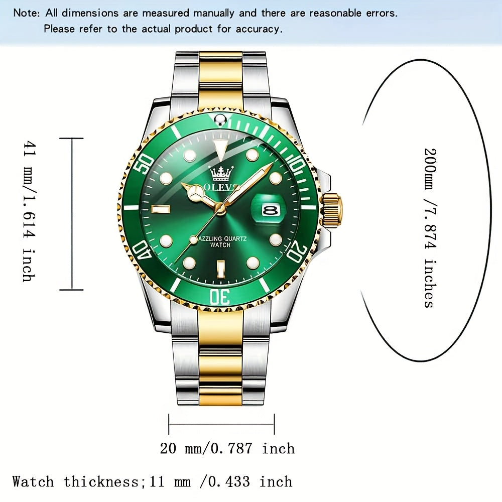 OLEVS Men'S Luxury Quartz Watch - Green Dial, Stainless Steel Band, Luminous Pointer Display, Quartz Movement, Electronic Drive, Zinc Alloy Case, Ideal for Business Casual Wea