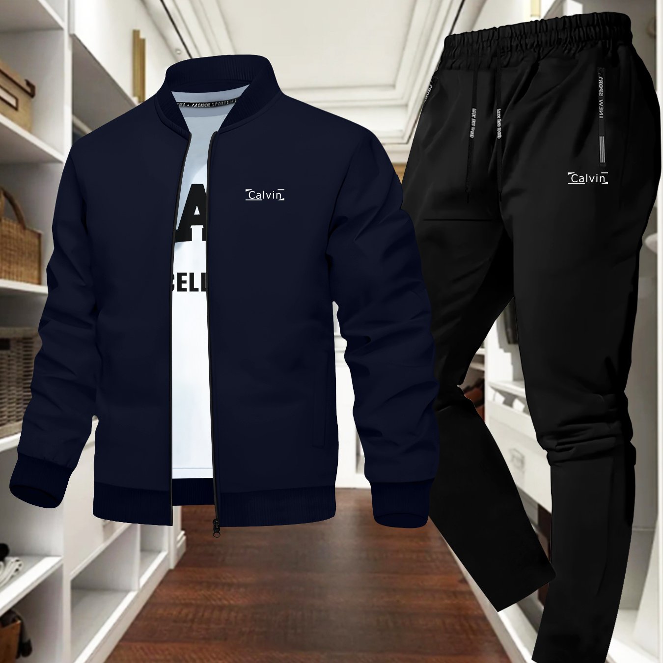 Men's New Calm and Stylish "" Print Jacket Shirt Set, Autumn-Winter Classic Trendy Versatile Two-Piece Outfit