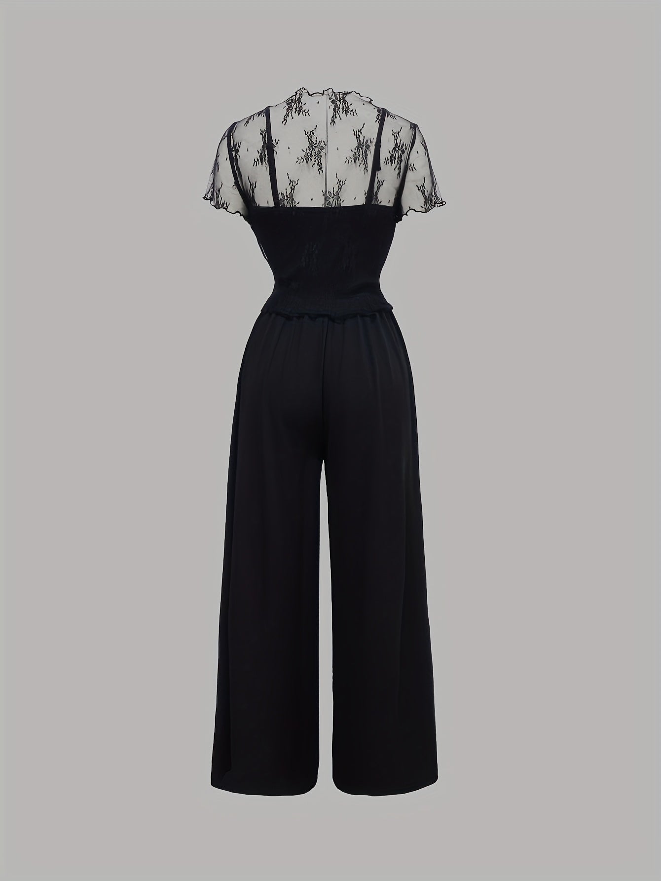 Elegant Mesh Long Sleeve Crop Top & Bodycon Wide-Leg Jumpsuit Set - Chic V-Neck, Ruched Detail, Black Mesh Blouse with Spaghetti Straps, Wide Leg Pants for Spring/Summer, Women'S Fashion, Clothing | Relaxed Fit | Chic Desig