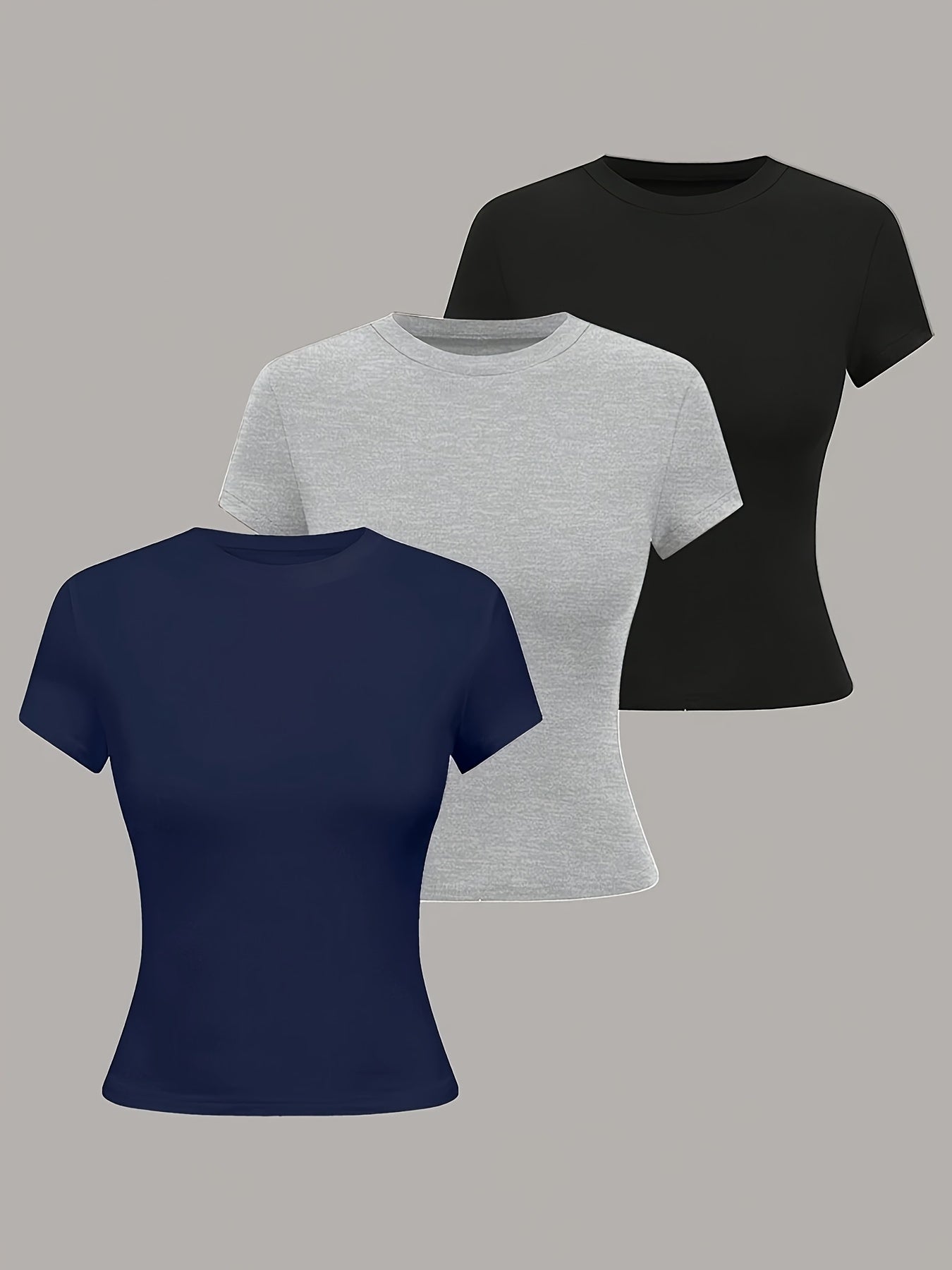 3pcs Women'S Basic Crew Neck Short Sleeve Crop T-Shirts in Black, White, and Gray - Slim Fit, Stretchy Polyester Blend, Cute & Versatile for Spring/Summer, Casual Outings, Vacation Attire | Basic Crop Top | Textur