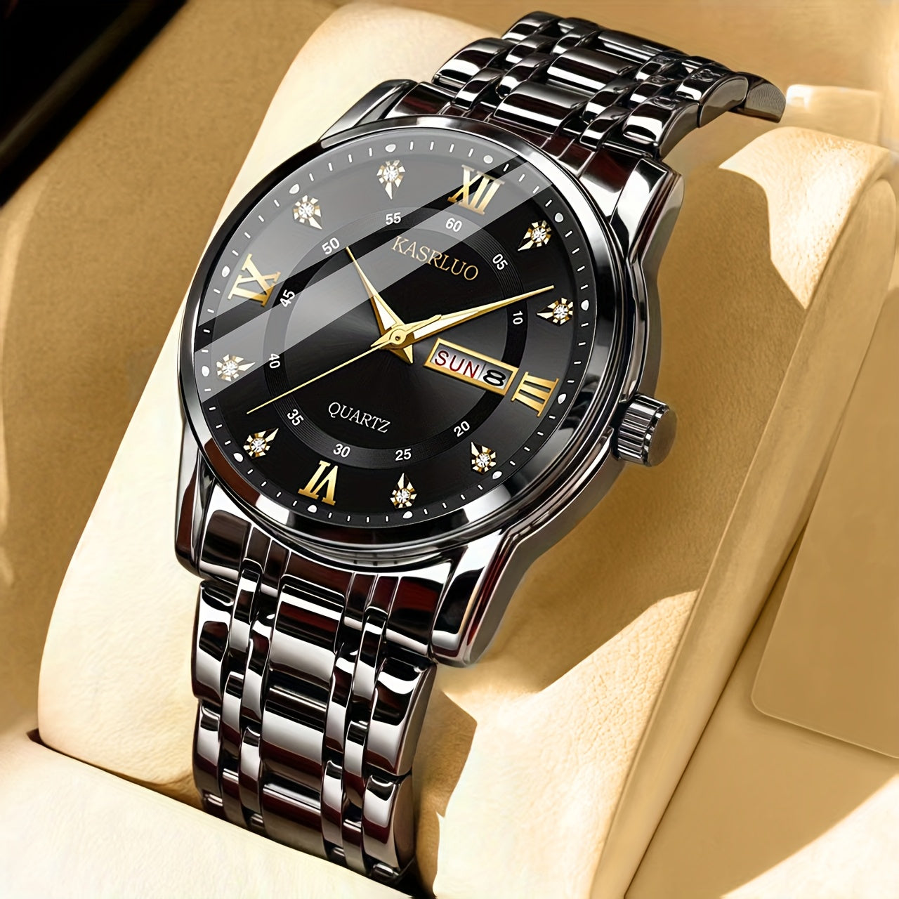 1pc KASRLUO Men'S Business Sports Watch - Stainless Steel Band, Double Date Display, Quartz Movement, Round Alloy Case, Electronic Drive, Calendar Feature, Ideal Gift for Men, KASRLUO