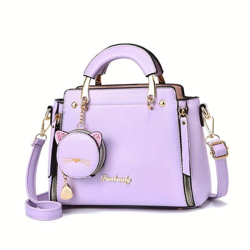 Women'S Fashion Cat Head Handbag, 2025 Trendy Shoulder Bag with Zipper Closure, Polyester Lined, Painted Edges, Versatile Solid Color - White, Red, Black, Pink, Khaki, Grey, Blue, Green, Purple, Light Blue
