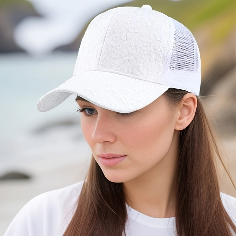 Elegant White Floral Women's Baseball Cap - Adjustable, Breathable Mesh Back, Stylish Duckbill Design for All Seasons, Perfect for Casual Outings and Beach Days, Outdoor Headwear, Adjustable Headgear