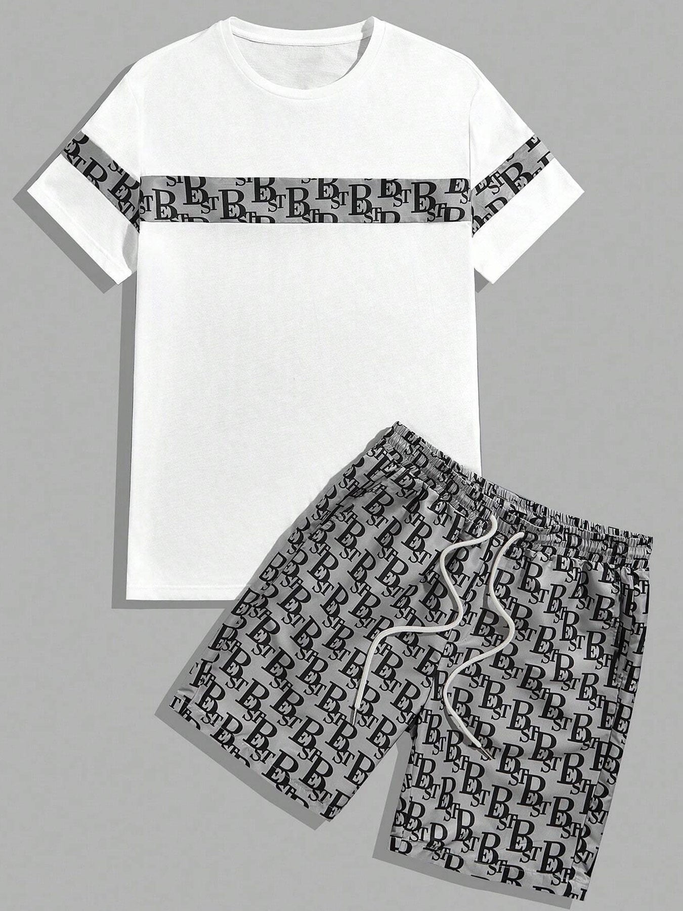 A fashionable letter print design T-shirt set, featuring a combination of round neck, short sleeves and shorts, is casual, simple, comfortable and soft. It is a two-piece set for Men's summer daily casual wear
