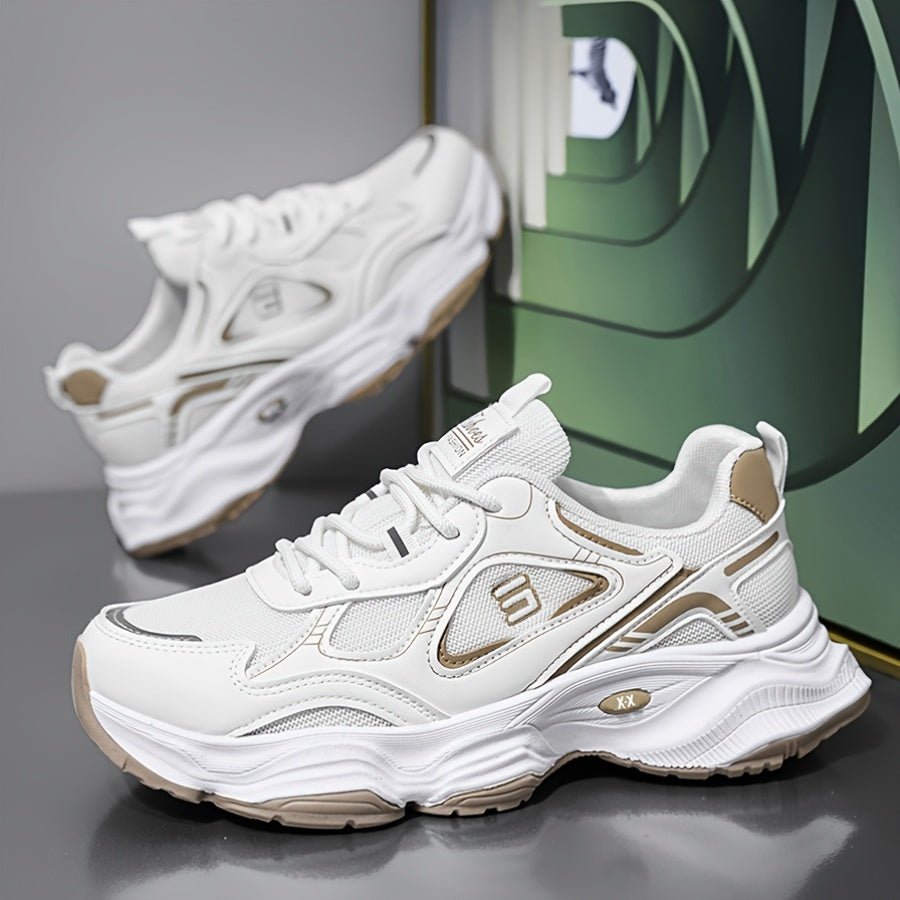 Men'S 2025 New Fashionable Low-Top Sneakers with Thick Sole - Non-Slip, Outdoor Casual Shoes for Teenagers and Young Adults, White and Golden Accents, All-Season Comfort, Casual Footwear | Modern Sneaker Design | Rubber Base