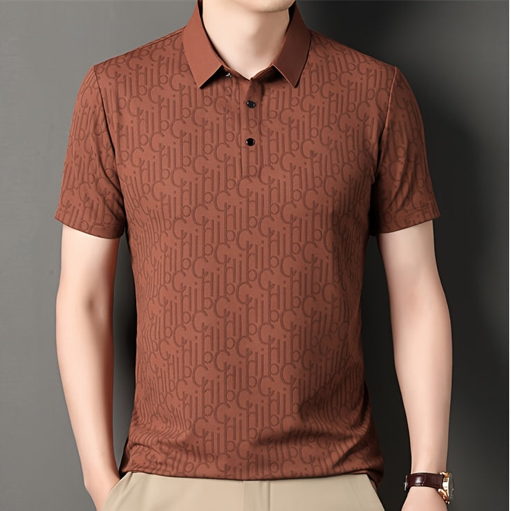 Men'S Casual Summer Short Sleeve T-Shirt with "Gil" Letter Print, Light Gray, Button-Up Collar, Medium Stretch Fabric, Regular Fit, Perfect for Weekend Outings, Relaxed Outing Shirt | Letter Print Tee | Medium Stretch Fabric